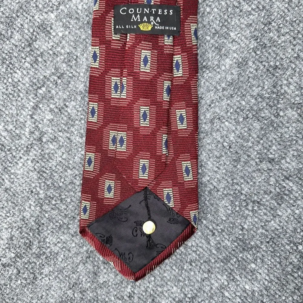 Countess Mara Neck Tie Mens Red Blue‎ Geometric Silk Art Deco USA Vintage